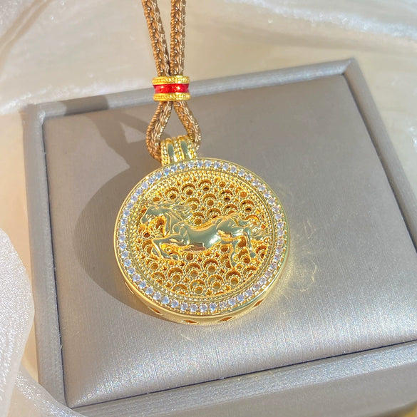 Wholesale Vintage Style Goldplated Brass Round Zodiac Sign Pendant Necklace With Diamonds