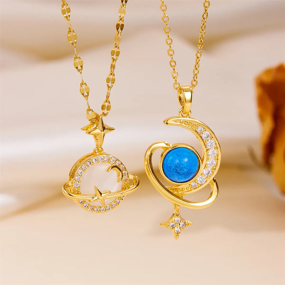 Vintage Style Moon Titanium Steel Plating 18k Gold Plated Pendant Necklace
