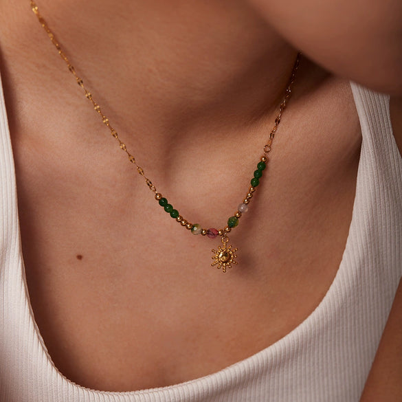 Wholesale Vintage Style Natural Stone Pendant Necklace In 18K Gold Plated Stainless Steel With Geometric Design And Twisted Chain For Women