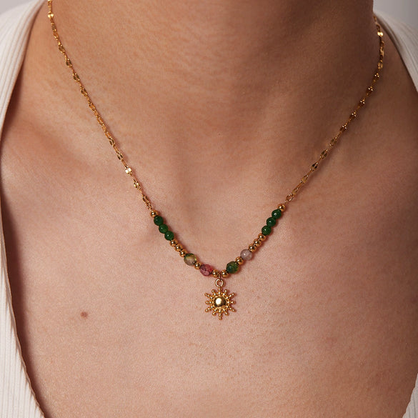 Wholesale Vintage Style Natural Stone Pendant Necklace In 18K Gold Plated Stainless Steel With Geometric Design And Twisted Chain For Women