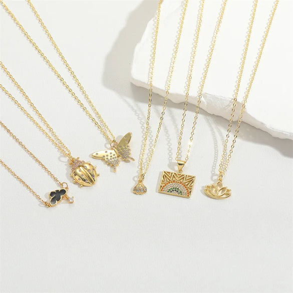 Wholesale Vintage Style Simple Style Commute Butterfly Copper Enamel Inlay 14K Gold Plated Zircon Pendant Necklace