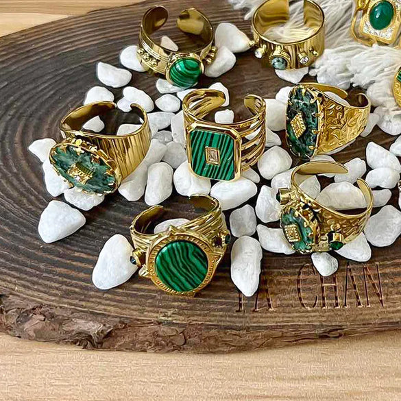 Wholesale Jewelry Vintage Style Square Oval 304 Stainless Steel Natural Stone 18K Gold Plated Plating Inlay Open Ring