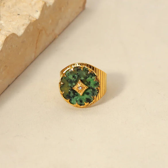 Wholesale Jewelry Vintage Style Square Oval 304 Stainless Steel Natural Stone 18K Gold Plated Plating Inlay Open Ring