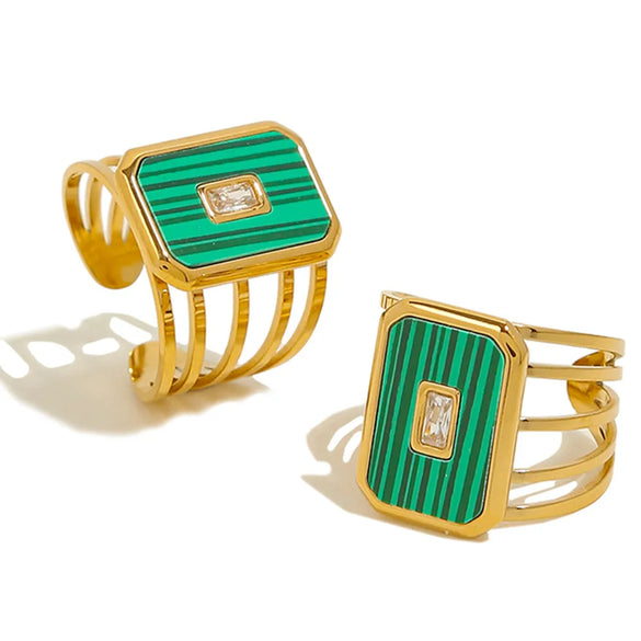 Wholesale Jewelry Vintage Style Square Oval 304 Stainless Steel Natural Stone 18K Gold Plated Plating Inlay Open Ring