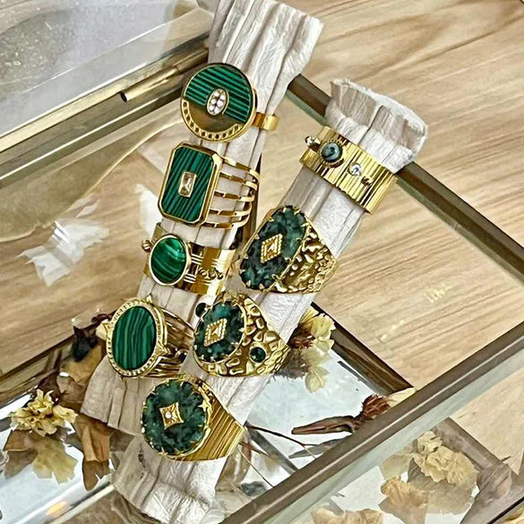 Wholesale Jewelry Vintage Style Square Oval 304 Stainless Steel Natural Stone 18K Gold Plated Plating Inlay Open Ring