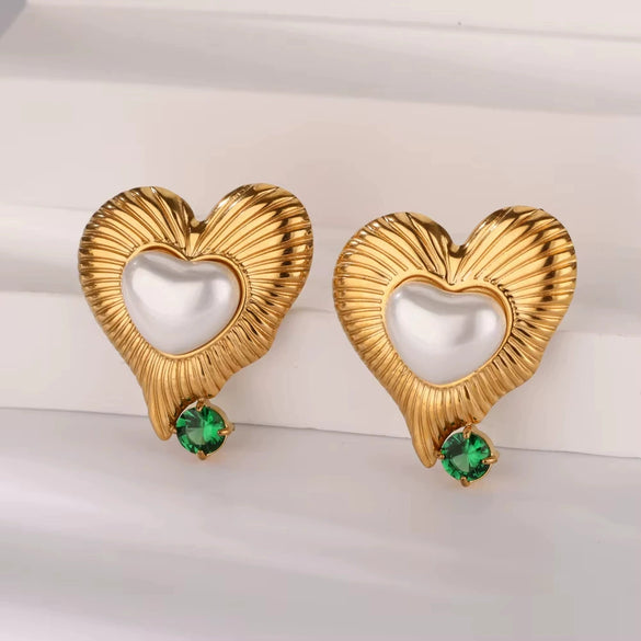 Wholesale Vintage Style Stainless Steel And Imitation Pearls Heart Shape And Diamond Pattern Electroplated Women's Earrings