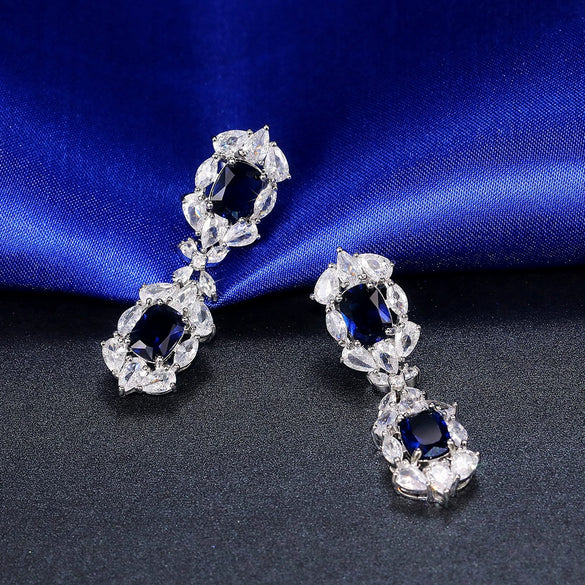 Wholesale Vintage Tassel Sapphire Blue Zircon Earrings Copper Geometric Style