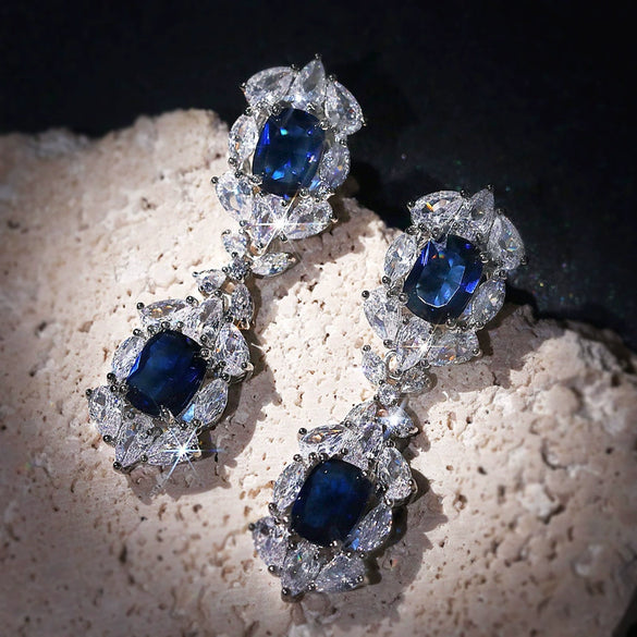 Wholesale Vintage Tassel Sapphire Blue Zircon Earrings Copper Geometric Style