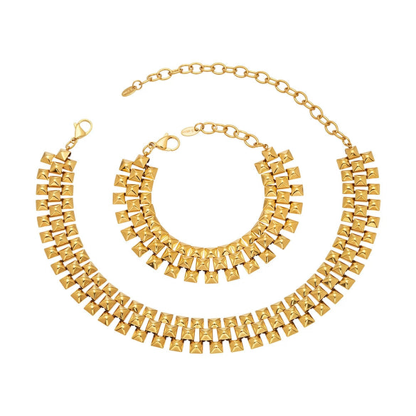 Wholesale Vintage Threerow Rivet Hand Assembled 18K Gold Plated Stainless Steel Necklace And Bracelet For Women