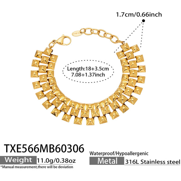 Wholesale Vintage Threerow Rivet Hand Assembled 18K Gold Plated Stainless Steel Necklace And Bracelet For Women