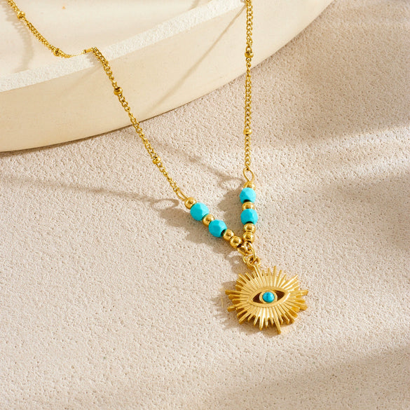 Wholesale Vintage Turquoise Beaded Blue Eye Stainless Steel Goldplated Pendant Jewelry Set For Women