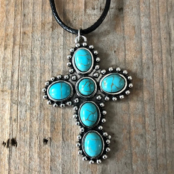 Wholesale Vintage Turquoise Cross Alloy Necklace With Leather Rope And Electroplating Treatment
