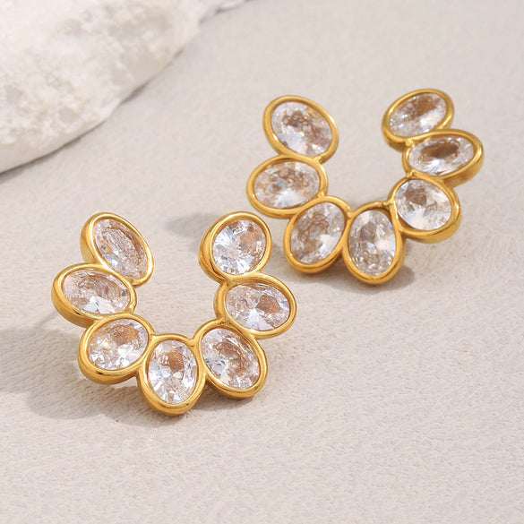 Wholesale Vintage Versatile Stainless Steel Flower Zircon Stud Earrings 18K Gold Plated