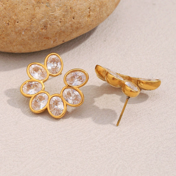 Wholesale Vintage Versatile Stainless Steel Flower Zircon Stud Earrings 18K Gold Plated