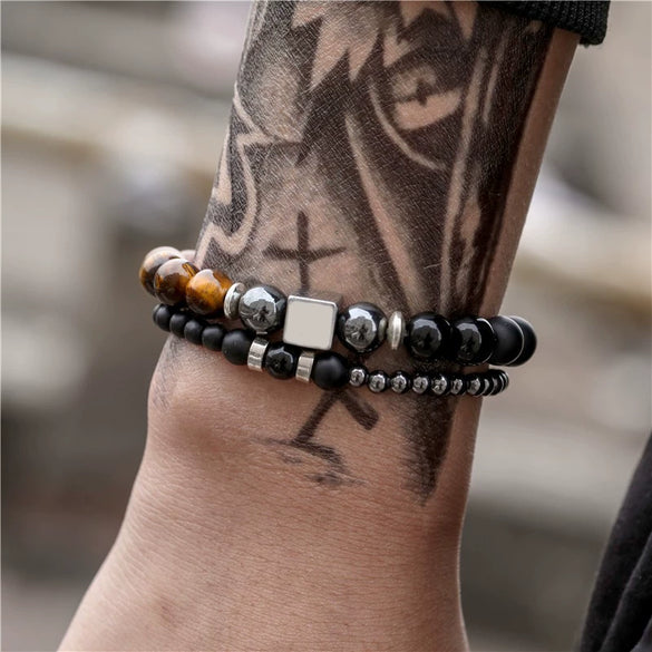 Wholesale Volcanic Stone And Wax Thread Handmade Multilayered Unisex Hiphop Woven Bracelets
