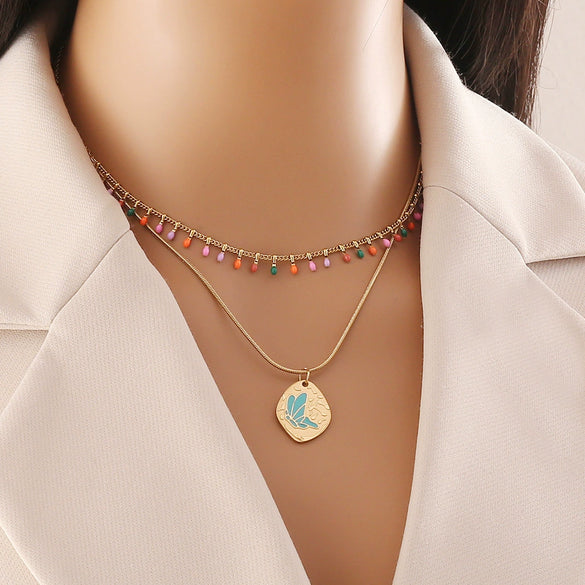 Wholesale Water Drop Necklace Geometric Stainless Steel Double O Chain Jewelry With Dripping Oil Treatment For Women
