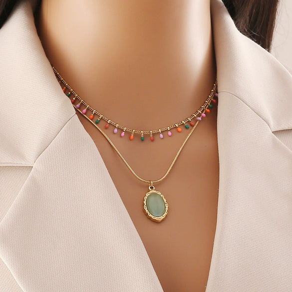Wholesale Water Drop Necklace Geometric Stainless Steel Double O Chain Jewelry With Dripping Oil Treatment For Women