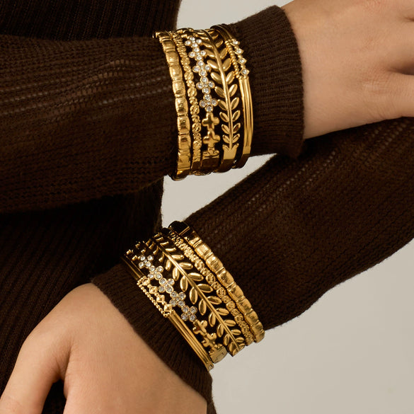 Wholesale Wheat Ear Stainless Steel 18K Gold Plated Geometric Bracelet Set