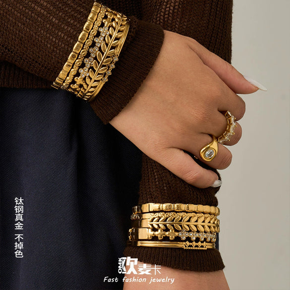 Wholesale Wheat Ear Stainless Steel 18K Gold Plated Geometric Bracelet Set