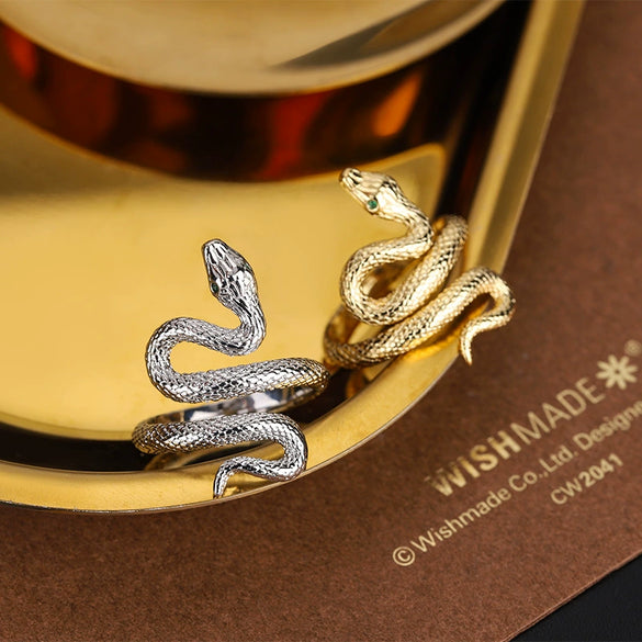 Wholesale Winding Greeneyed Snake Ring In Copper With Zircon Inlay And Electroplating Geometric Finger Ring