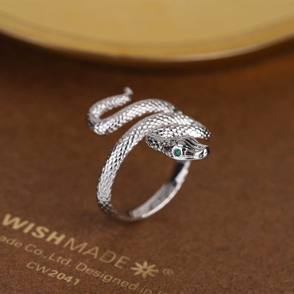 Wholesale Winding Greeneyed Snake Ring In Copper With Zircon Inlay And Electroplating Geometric Finger Ring