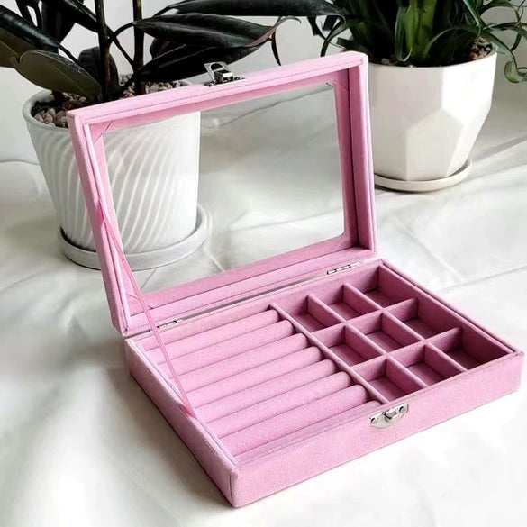 Wholesale Window Jewelry Box Transparent Velvet Wooden Jewelry Anti Oxidation Storage Box For Rings Necklaces Earrings