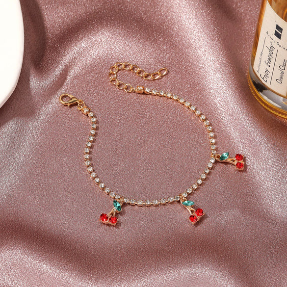 Wholesale Women Cherry Rhinestone Alloy Anklet With Fruit Pendant Tennis Chain