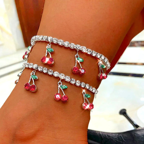 Wholesale Women Cherry Rhinestone Alloy Anklet With Fruit Pendant Tennis Chain
