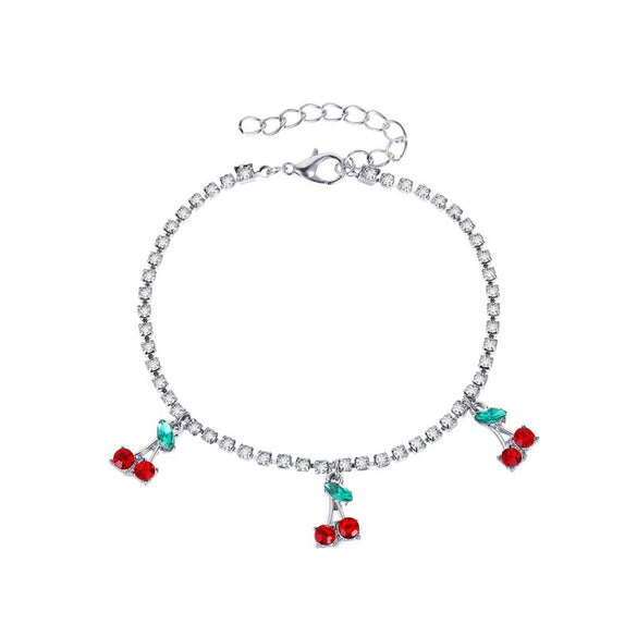 Wholesale Women Cherry Rhinestone Alloy Anklet With Fruit Pendant Tennis Chain