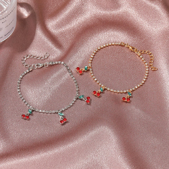 Wholesale Women Cherry Rhinestone Alloy Anklet With Fruit Pendant Tennis Chain