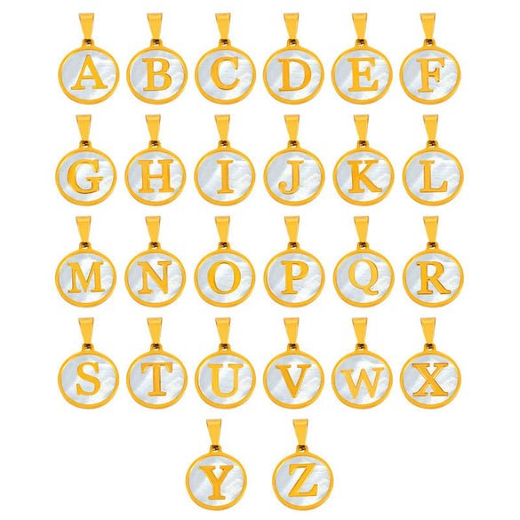 Wholesale Women Jewelry Titanium Steel Round Pendant Necklace Inlaid With White Shell And English Letters Electroplated