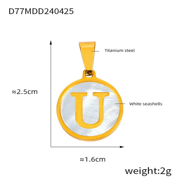 Wholesale Women Jewelry Titanium Steel Round Pendant Necklace Inlaid With White Shell And English Letters Electroplated
