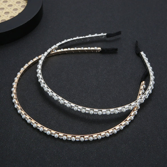 Wholesale Women Metal Handwrapped Narrow Headband Set With Pearl Rhinestone Electroplated Natural Style