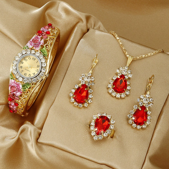 Wholesale Women Quartz Bracelet Watch Jewelry Set Alloy Stainless Steel Oval Dial Threedimensional Flower Middle Ancient Style