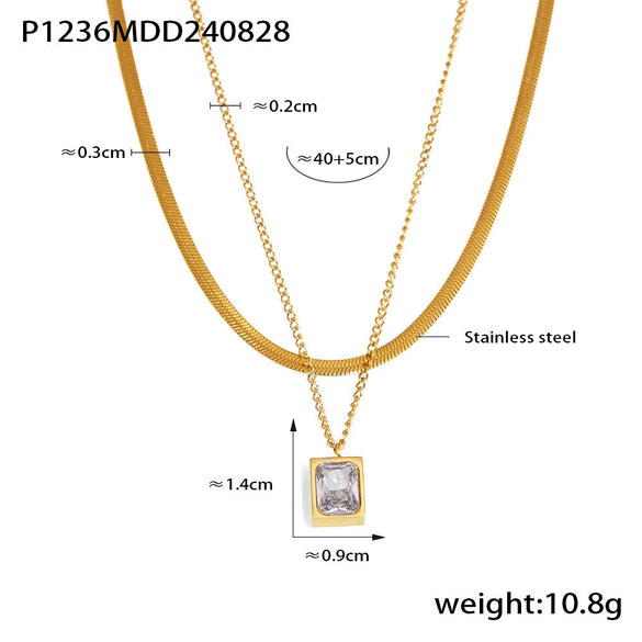 Wholesale Women Retro 316L Stainless Steel Geometric Square Pendant Double Layer Chain Necklace With Electroplating