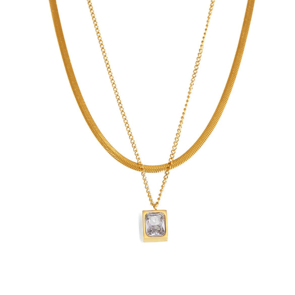 Wholesale Women Retro 316L Stainless Steel Geometric Square Pendant Double Layer Chain Necklace With Electroplating