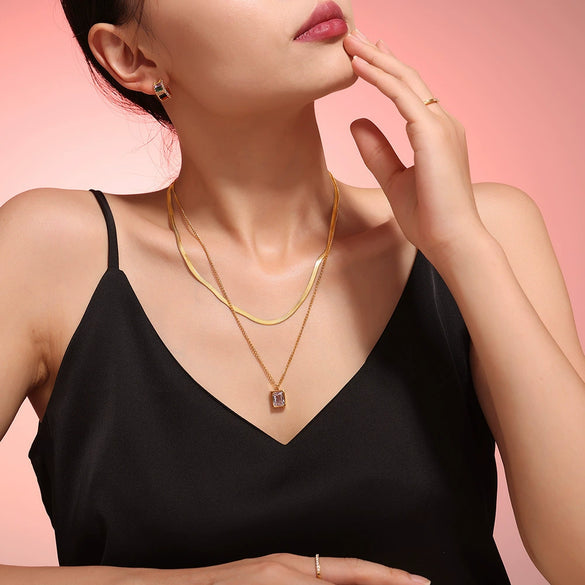 Wholesale Women Retro 316L Stainless Steel Geometric Square Pendant Double Layer Chain Necklace With Electroplating
