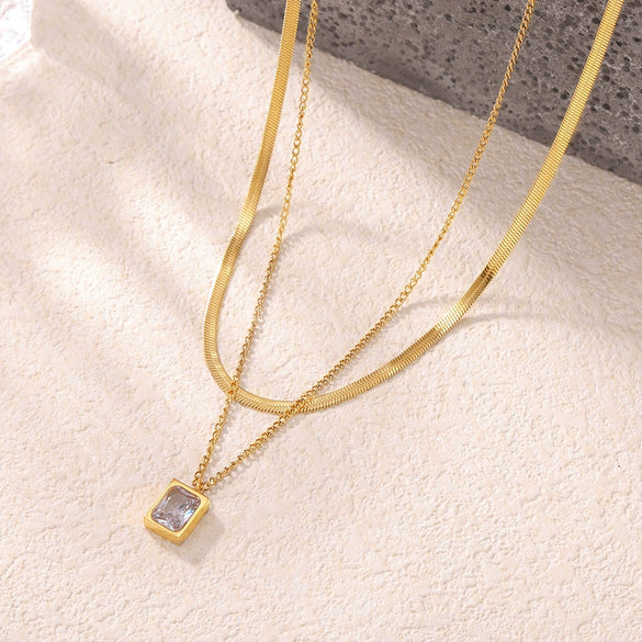 Wholesale Women Retro 316L Stainless Steel Geometric Square Pendant Double Layer Chain Necklace With Electroplating