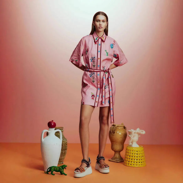 Wholesale Women'S Casual Elegant Streetwear Flower Holiday Daily Selfie Shirt Collar Half Sleeve A- Line Skirt