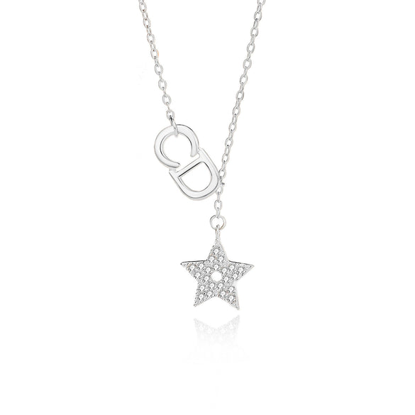 Wholesale Women S925 Silver Letter Micro Diamond Fivepointed Star Clavicle Necklace Simple Style Cross Chain