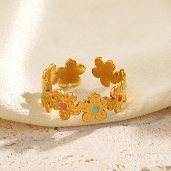 Wholesale Women Stainless Steel Flower Ring With Electroplating And Hiphop Style