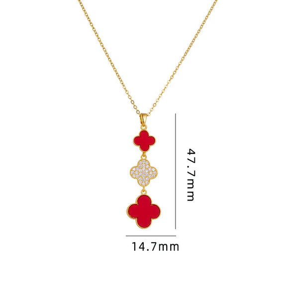 Wholesale Women Titanium Steel Necklace With Fourleaf Clover Pendant Mixed Gem Inlay Copper Electroplating