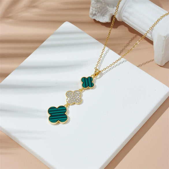 Wholesale Women Titanium Steel Necklace With Fourleaf Clover Pendant Mixed Gem Inlay Copper Electroplating