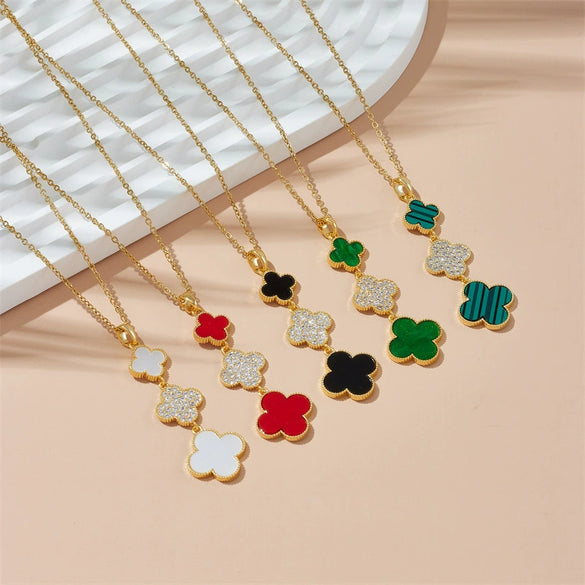 Wholesale Women Titanium Steel Necklace With Fourleaf Clover Pendant Mixed Gem Inlay Copper Electroplating