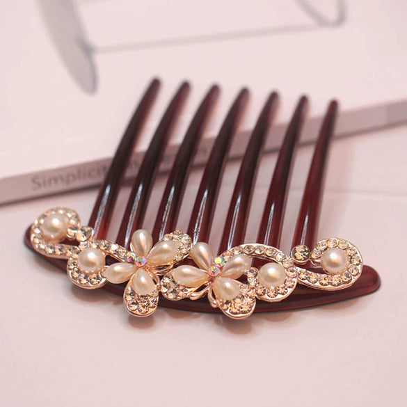 Wholesale Women's Acrylic Hair Accessories With Pearl And Rhinestone Leafshaped Electroplated Hair Comb And Hair Pin