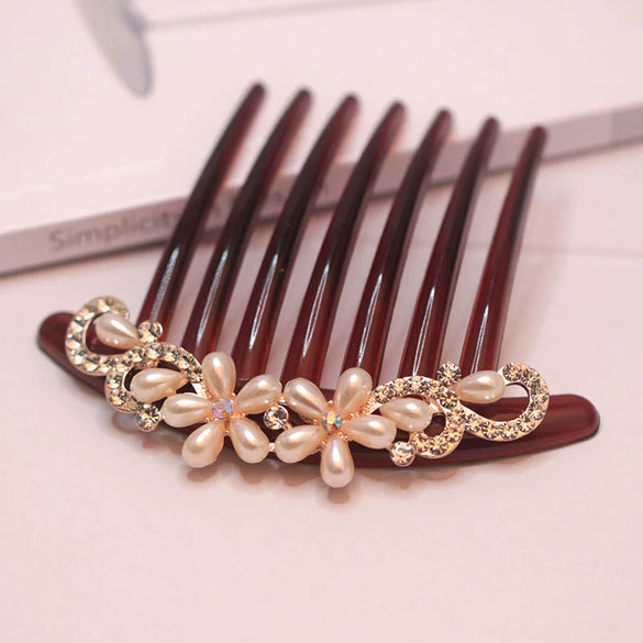 Wholesale Women's Acrylic Hair Accessories With Pearl And Rhinestone Leafshaped Electroplated Hair Comb And Hair Pin