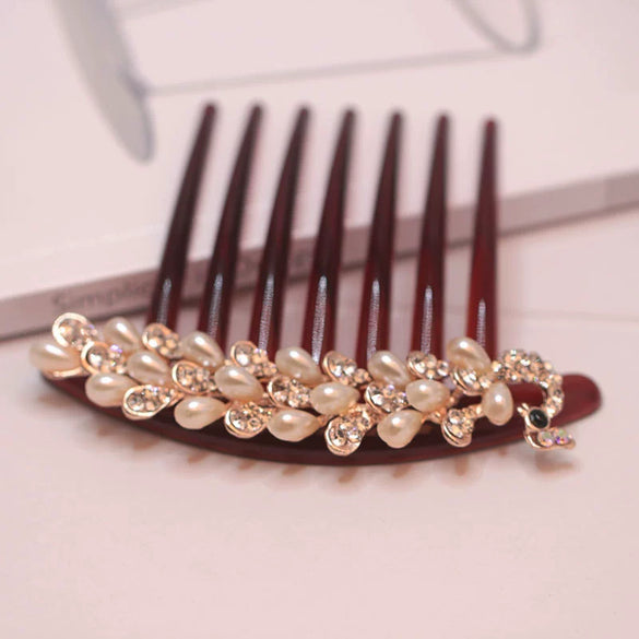 Wholesale Women's Acrylic Hair Accessories With Pearl And Rhinestone Leafshaped Electroplated Hair Comb And Hair Pin