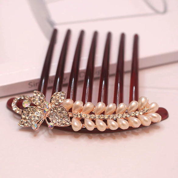 Wholesale Women's Acrylic Hair Accessories With Pearl And Rhinestone Leafshaped Electroplated Hair Comb And Hair Pin
