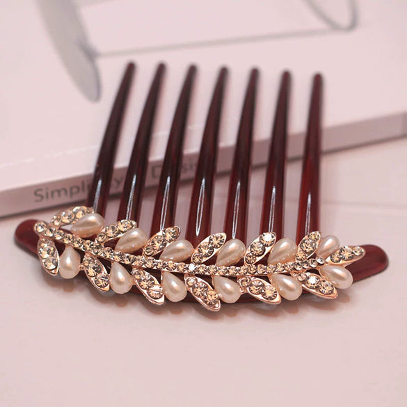 Wholesale Women's Acrylic Hair Accessories With Pearl And Rhinestone Leafshaped Electroplated Hair Comb And Hair Pin