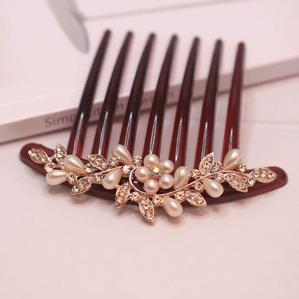 Wholesale Women's Acrylic Hair Accessories With Pearl And Rhinestone Leafshaped Electroplated Hair Comb And Hair Pin